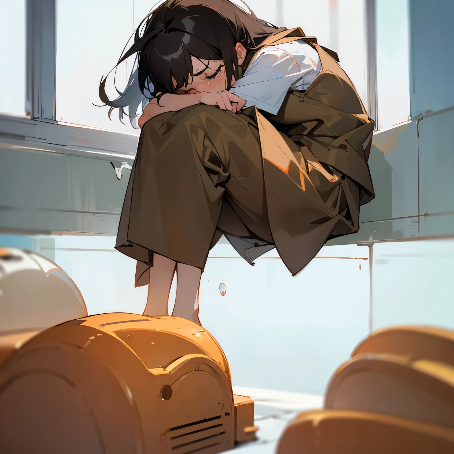 girl crying very hard because pooping is painful