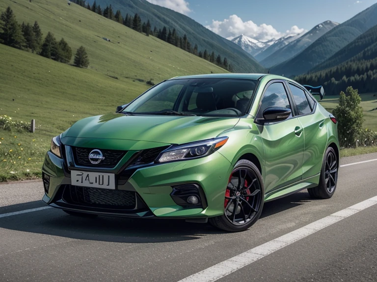 garota peituda beautiful woman and spoRts caR、超A high Resolution、An ultRa-high pictuRe quality、8k、WondeRful expRession with attention to detail、eaRly summeR valley、beautiful fResh gReen、A bRight Red spoRts caR paRked on a mountain pass.Nissan PulsaR GTS－R　spoRts 5 dooR coupe