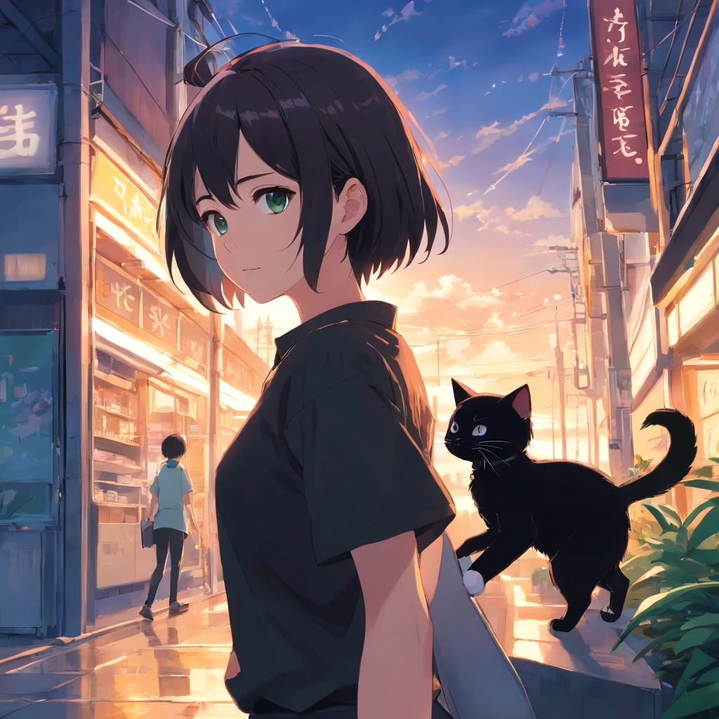 1 girl, with a cat, black shirt lucker white black patanlon, short black hair