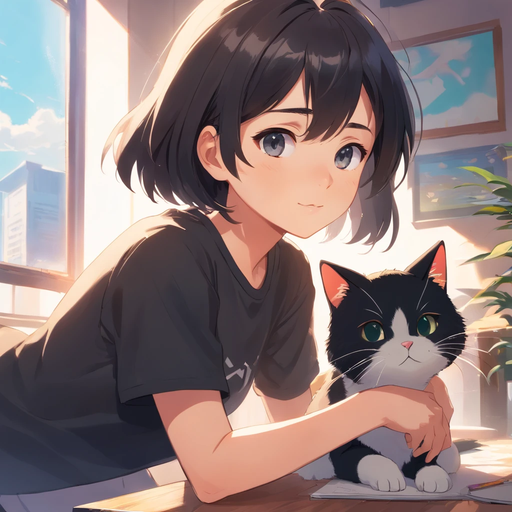 1 girl, with a cat, black shirt lucker white black patanlon, short black hair
