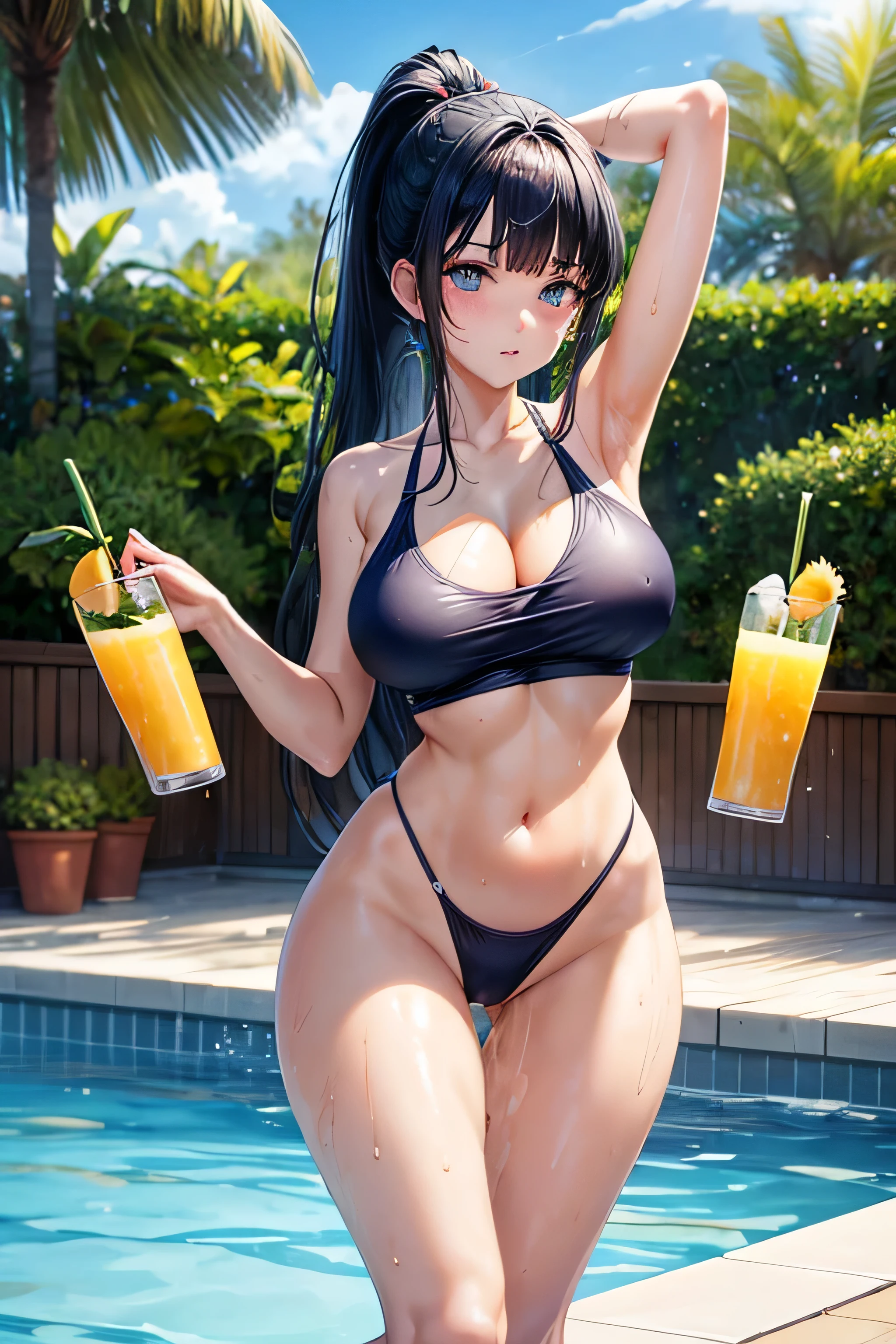 High resolution, high quality, One girl, Anime Girls, dark blue hair,ponytail,long hair,blunt bangs, dark blue eyes,heart shaped pupils,[[pale skin]],Glowing Skin, Large Breasts,beautiful breasts,pointy breasts,long nipples,(Big Ass),beautiful ass,Embarrassed,Tank Top,pink swimsuit,lower body,sweat,wet,swimming,(open legs),arms behind head,at Poolside,(Kiwi juice),(lemon juice),(orange juice),(Pineapple juice),(Mango juice),(water),