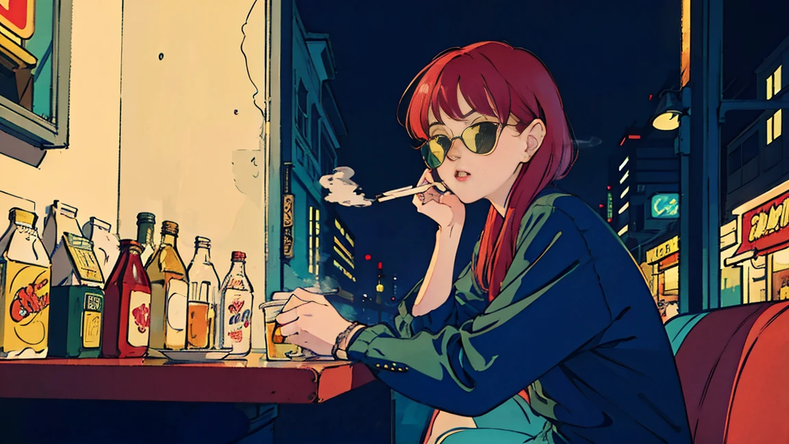 beautiful asian girl with red hair sitting in a diner at night, seen through a window, perfect face, sunglasses, smoking a white tailor made cigarette, NeonNoir, (backlit: 1.1), hard shadow, masterpiece, best quality, Intricate, modelshoot style, vintage, film grain, Incomplete details drive,citypop,cassettetape,record