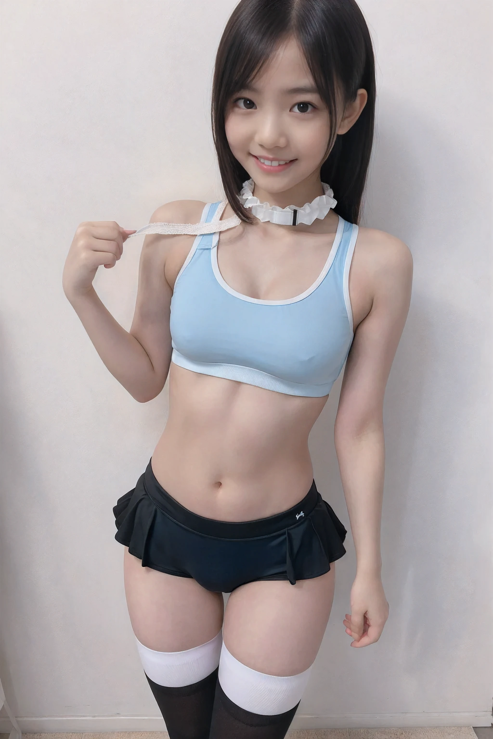 (8x_NMKD-Superscale_150000_G),(8K, Super high quality,highest quality),(masterpiece:1.5),(cowboy shot),1 girls, , cheerleader, ((black collar)), ((light blue sports bra)), (navel), ((white frilled panties)), (socks), smiling, slender figure, beautiful twin-tailed girl