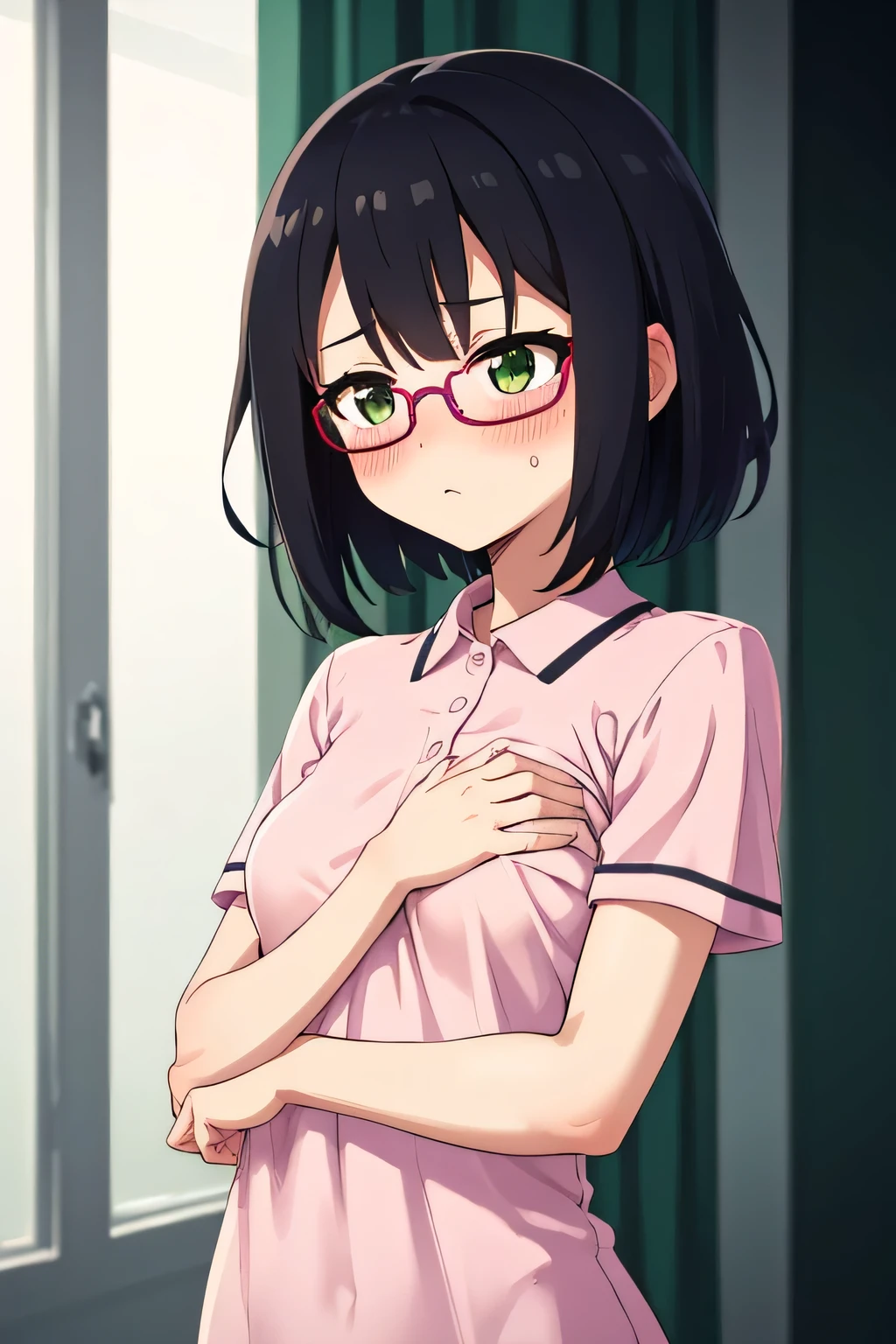 In town,Small breasts that can be rolled up,Black Hair,short hair,Green Eye Glasses,(Shocking pink plain polo shirt, Short sleeve, naked), (High resolution, high quality:1.1), Intricate details,  1 girl,(blush,Embarrassing)There are a lot of people around