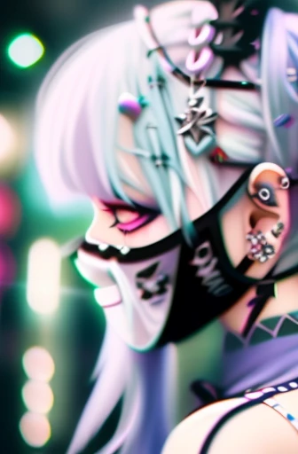 white hair、blue hairs、Colorful hair color、goth_punk, 1girl in, solo, medium shot, Walking in Harajuku, ((during night)), bokeh dof, Neon light, Iridescent eyes, starrysky, White shiny hair, White eyebrows, Radiant hair, (iridescent white hair), earrings, bangss, jewely, masks, bluntbangs, verd s eyes, Mouth mask, blurry backround, bblurry, hair adornments, Look at viewers, shorth hair, portraitures, side locks