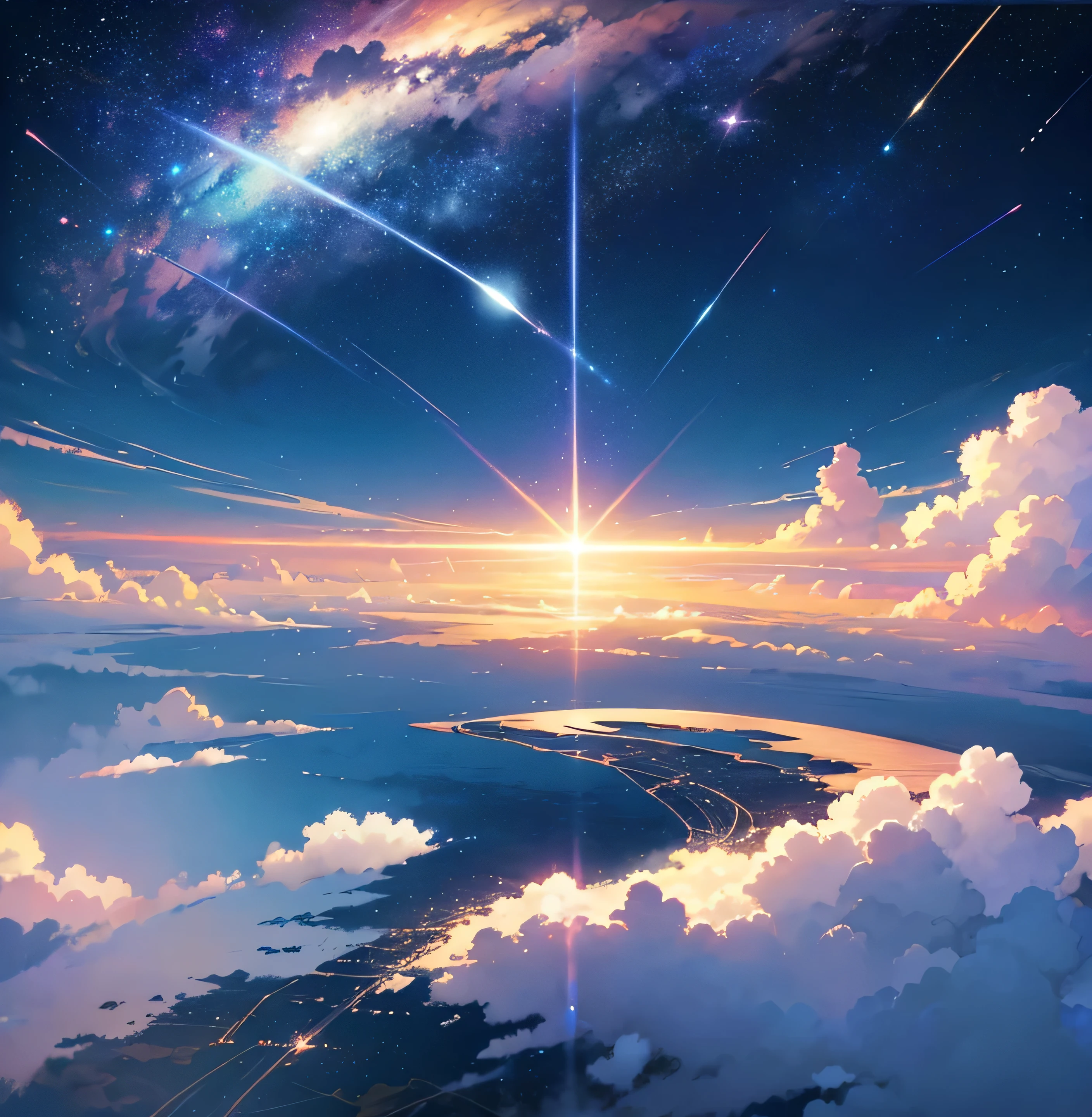 Galaxy Railroad with rails in the sky、The air train runs on rails、sea of clouds、Beautiful sky animation scene with stars and planets, Abandoned city floating on the sea,Space Sky. by makoto shinkai, anime art wallpaper 4k, anime art wallpaper 4k, Anime Art Wallpapers 8K, anime wallpaper 4k, anime wallpaper 4k, 4k anime wallpaper, Anime Sky, Awesome Wallpapers, Anime Background, Celestial planets in the background, Anime Background art