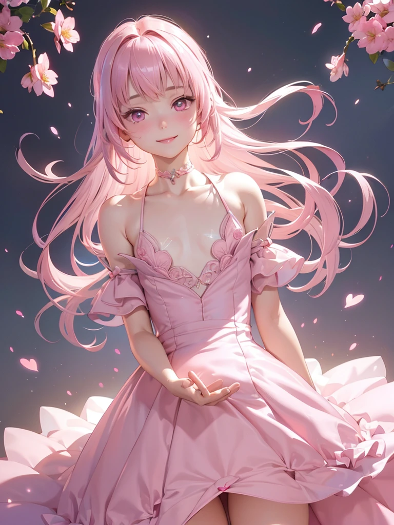 Very detailed CG Unity 8K wallpaper, Cute One lady, Mature hair、lady ,beautiful lady, pale skin (Super masterpiece, Beautiful person, well detailed face polluted smile, Photorealistic, hyper realisitic), 
(Pink gorgeous dress:1.7)、 smile、
Japanese background with light pink flowers and snow、Portrait、
(ref Eyes)、(flat chest:1.4)、(Glowing Skin:1.7)、Detailed eyes、Big eyes、Open your mouth、Hide your arm、
