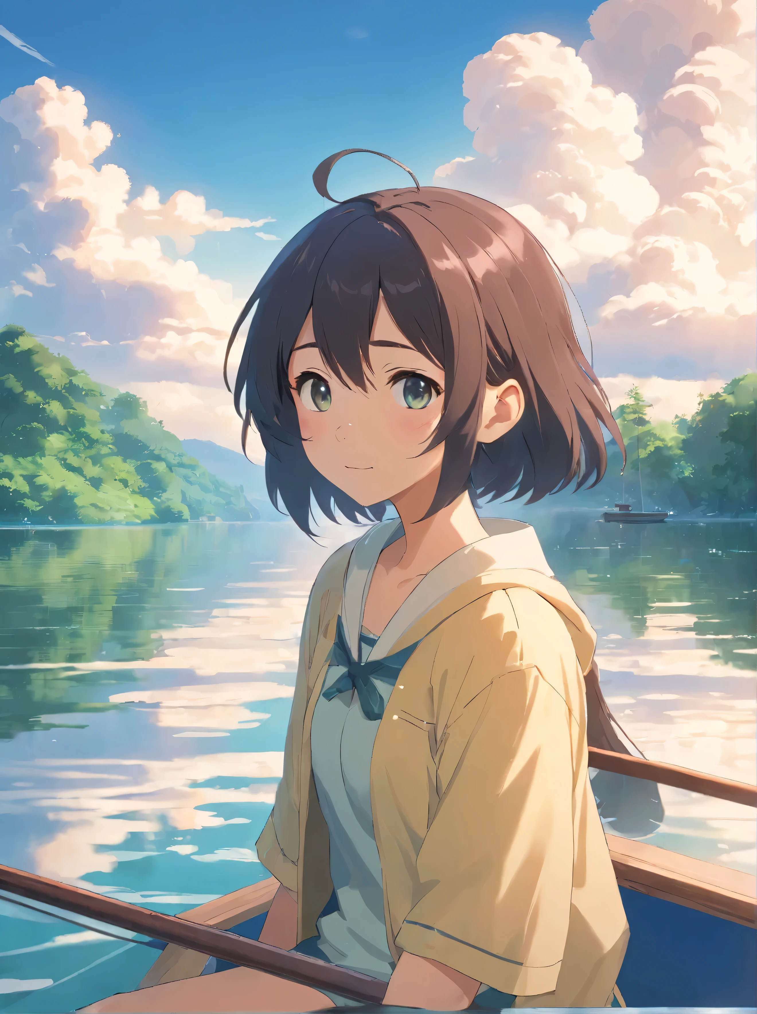 in white clouds fairyland,Calm lake,Ultimate simplicity,Face,3D,OC renderer,floating boat