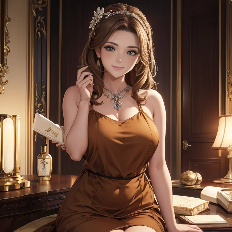 ((masterpiece,highest quality)), 4K, High resolution, One girl, alone, smile, Brown Dress, (Perfumer&#39;s Outfit 2:1.2), 、Camel Toe、Giant tit、Nipple Puffs、Cleavage、Plump、Super big breasts、Super big butt、Fragrance、perfume、(cigarette、Super sensitivity、Super sensitive body、Drip a large amount of love juice、Drooling a lot、Sweating profusely、Open your mouth wide、Sticking out a long tongue、Ecstasy、Overflowing body fluids、Squirting、Peeing、(Gem)