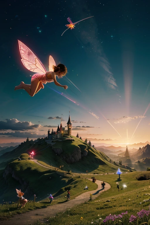 bright, sunny, neon landscape, fairy tale, fantasy land, dozens of glowing tiny fairies flying all around, magical