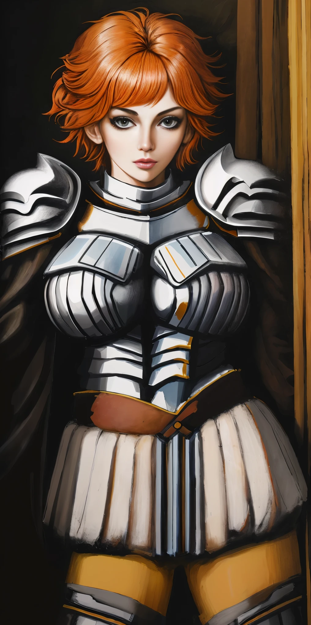 funger, very detailed illustration, 1girl, big breasts, high res high quality, masterpiece, looking at viewer, (knight), orange hair, absurdness, ultra-detailed, short hair