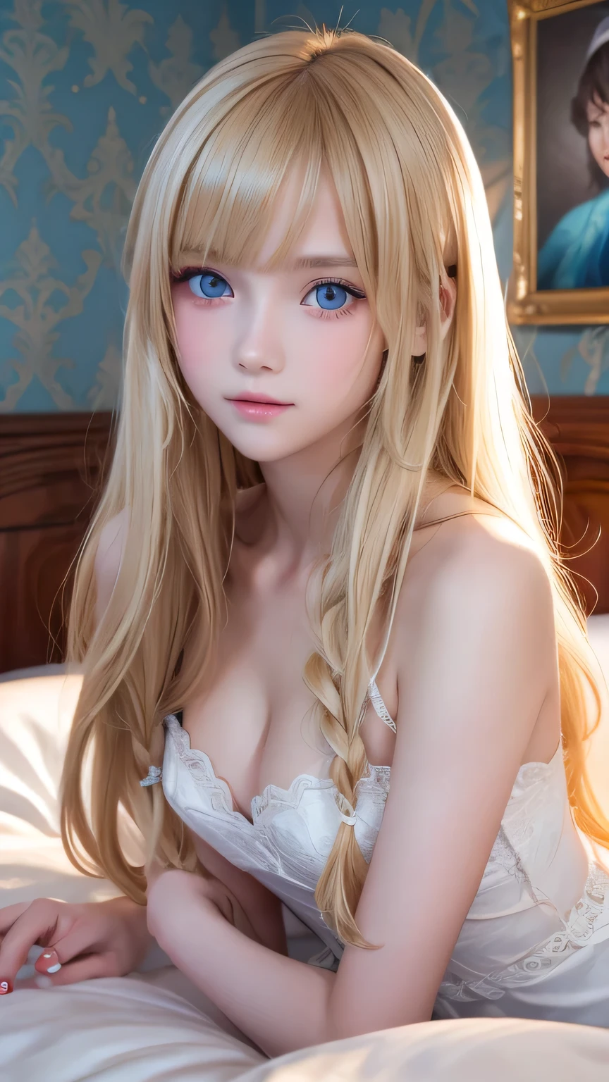 A very white and beautiful 16-year-old blonde girl、Mastepiece, Best Quality, Illustration, Ultra-detailed fine details, Super long straight silky hair、disheveled bangs above the eyes,、High resolution, 8K Denden Wallpaper, Perfect dynamic composition, Beautifully detailed large light blue eyes , of hotel(Bed), Sexy face,A face in ecstasy,Lying down