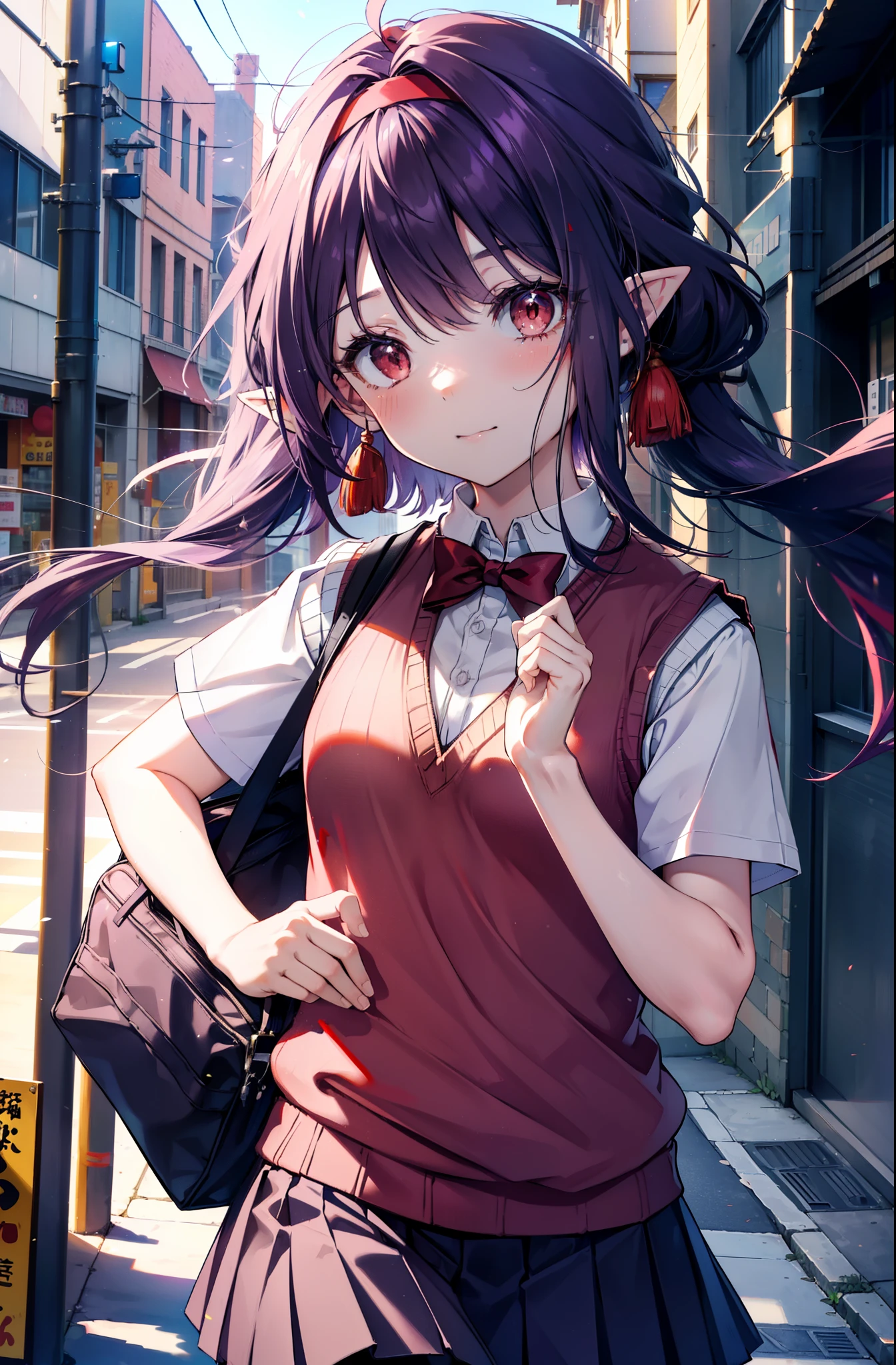 yuukikonno, Yuki Konno, hair band, Long Hair, Pointy Ears, Purple Hair, (Red eyes:1.5), (Small breasts:1.2), smile,White shirt,Sweater vest, (purple Sweater vest:1.5),Short sleeve,,Black pleated skirt,black tights,Brown Loafers,Toast in the mouth, running, City Street,morning,morning日,sunrise,Walking,whole bodyがイラストに入るように,
break looking at viewer, whole body,
break outdoors, Residential Street,crowd, people々々々々,
break (masterpiece:1.2), highest quality, High resolution, unity 8k wallpaper, (shape:0.8), (Beautiful and beautiful eyes:1.6), Highly detailed face, Perfect lighting, Highly detailed CG, (Perfect hands, Perfect Anatomy),