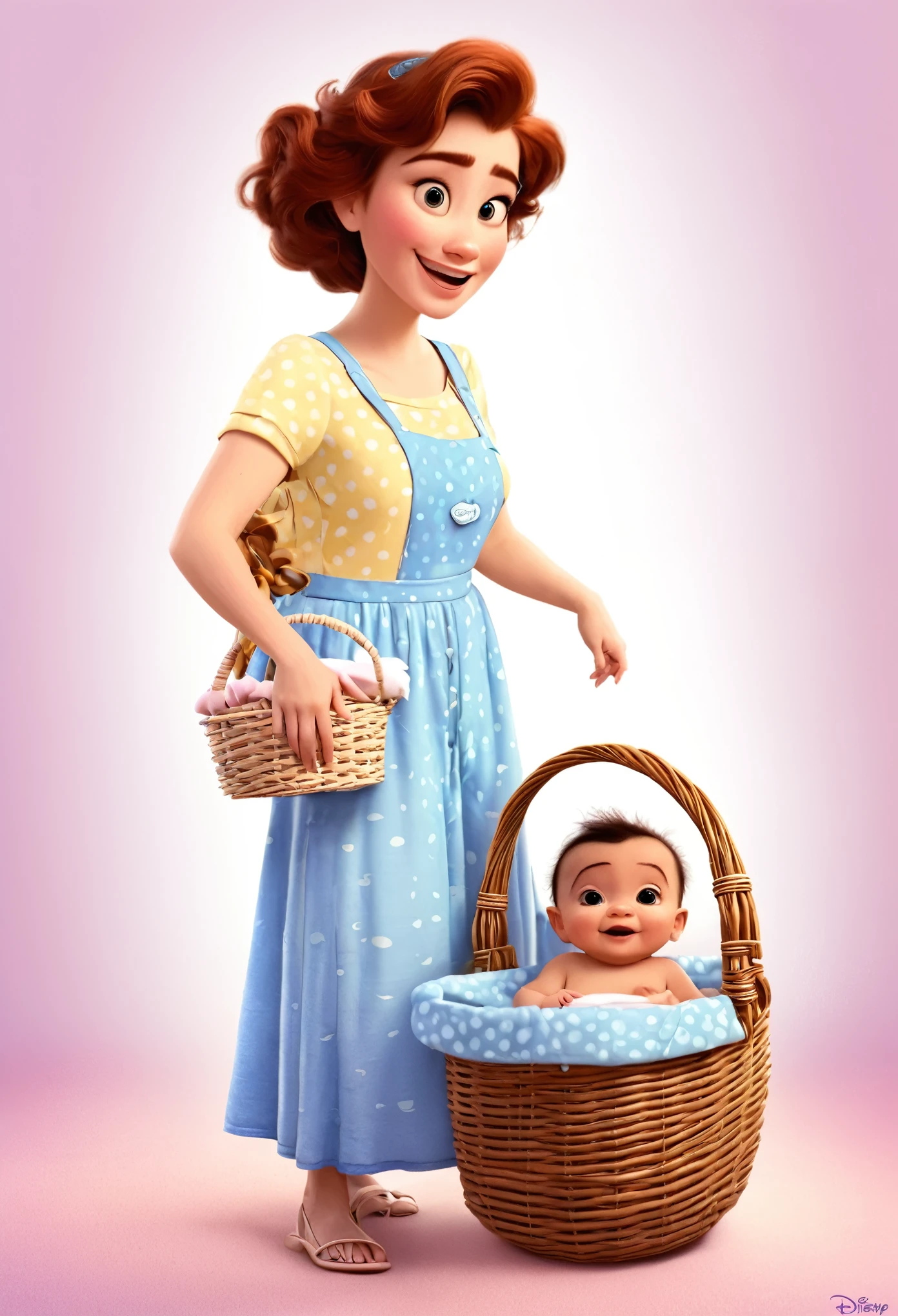 Woman with a basket and a baby inside disney pixar style 