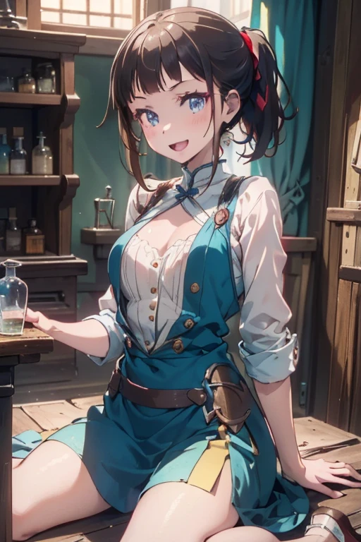 (fantasy:1.5),(anime,8k,masterpiece, top quality, best quality,beautiful and aesthetic:1.2,professional illustrasion:1.1,ultra detail:1.3,perfect lighting),extremely detailed,highest detailed,incredibly absurdres , highres, ultra detailed,intricate:1.6,(Alchemy Workshop:1.4),A girl mixing,Medicine in many small bottles,holding small potion,colorful:1.4,zentangle,(1girl),(girl),(Three kingdoms female warload),(highly detailed beautiful face and eyes,firm breasts),oily skin,((black,hair,short bob with short pony tail hair)),thin pubic hair,cute,lovely,34 years old,alchemist costume,Merchant's Clothing,smile,in the kitchen,smile,seductive weak smiling,(with sparkling eyes and a contagious smile),open mouth, Looking at Viewer,