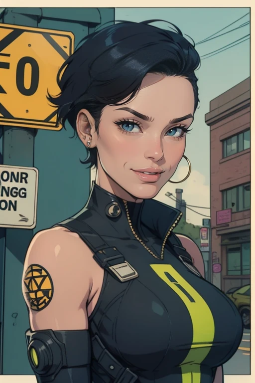 A cyberpunk woman 30year old with short hair and piercings stands in front of a no-parking sign. She smiling at the camera, upper body, 