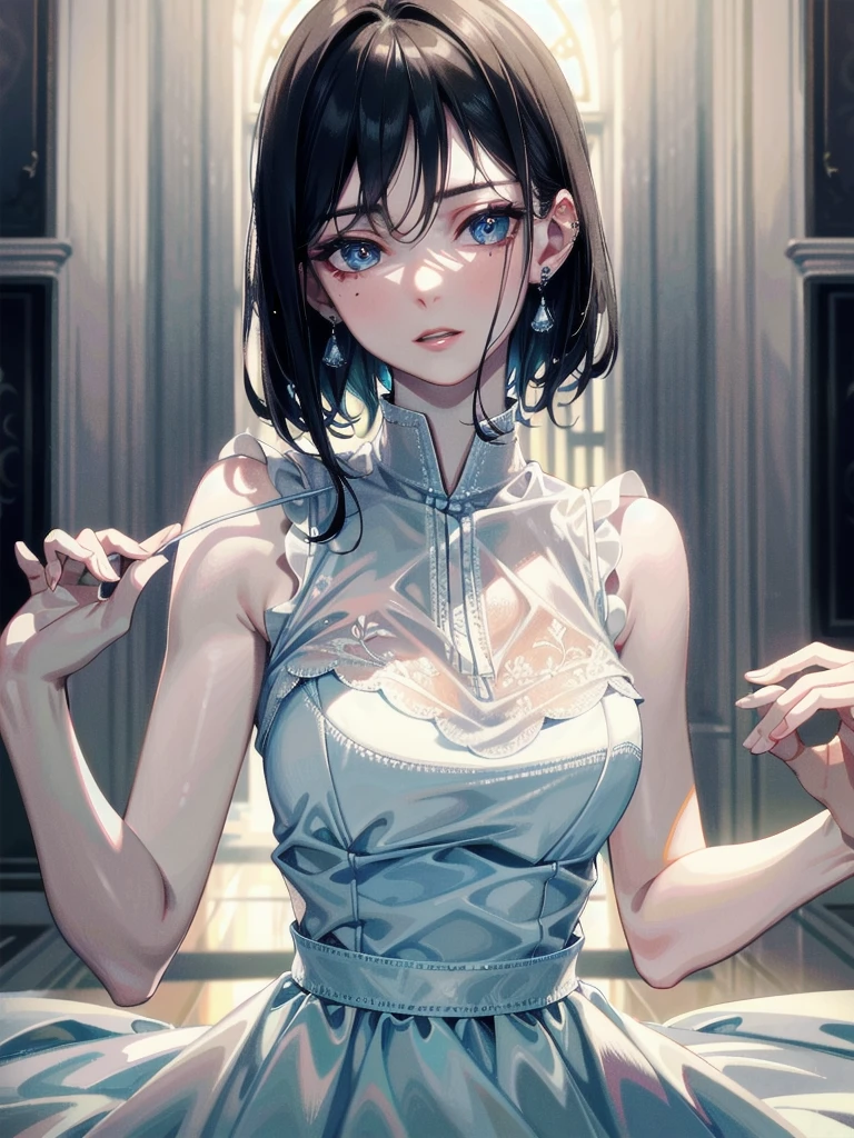 absurdres, RAW photo, extremely delicate and beautiful, masterpiece, Best Quality, ultra high resolution, 32k, hyperrealistic, ultra-detailed, detailed description, pale skin, 20 years old, delicate facial features, detailed beautiful face and eyes, tearful mole, earring, Colossal tits, short medium hair, wavy hair, full body shot, sailor uniform,