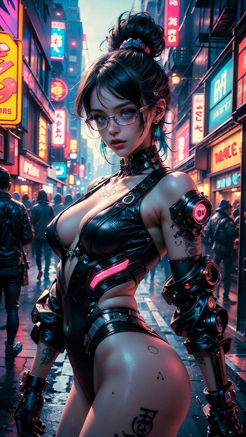 ((una hermosa chica cyberpunk viste un disfraz de Harajuku Tech), (lentes ciberneticos de tinta rosa), con pecas, lengua traviesa de fuera, aretes de neon, pelo azul despeinado, tatuajes yakuza, autodisparo, raytraced, viento, paisaje de la ciudad ciberpunk, (aesthetics and atmosphere:1.2),sonriente, Laugh，plano amplio, cuerpo completo, extremidades cyberneticas. (foto cruda, mejor calidad), (realista, photo-realista:1.3), Obra maestra, un extremadamente delicado y hermoso cuerpo, extremidades ciberneticas extremadamente detalladas, Best quality score, ultra dynamic punk pose, middle body, close up, high view, neon lights atmosphere, angulo picado, colores neon: rosa, verde, morado y azul