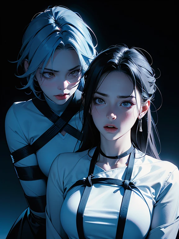 dynamic shot, dynamic angle, ((2 females)), scared, bdsm, ((bound, bondage, tied, bound together)), shibary, dynamic shot, dark, low light, cold blue light, high contrast light