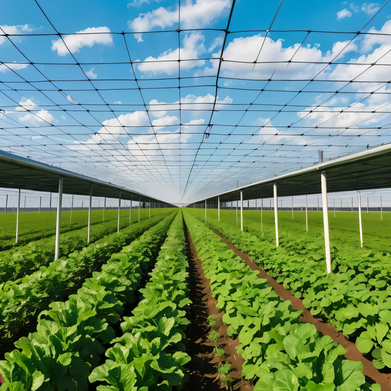 What is agricultural solar power generation? The poles are 2m high.、Crops are grown under large solar panels tilted at a 15 degree angle.。A complete picture of the healthy growing crops is created, including the panels. Only blue sky is visible at the top of the panels.