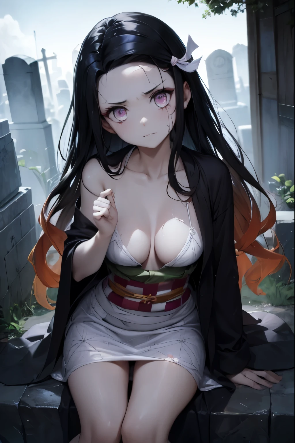 corpse, sinister, female, thin, pale, looking at the camera, ultra realistic, fully detailed, cemetery environment, bright eyes, white dress torn and stained with blood, bones exposed, putrid wounds, sensual, terrifying , angry , bruised by the body, medium breasts , exposed fracture in the collarbone, slight smile, super detailed, white eyes,gun shots in the body, black hair, Nezuko Kamado, Kimono open , bra , pantie , revelating clothes sexy , night .