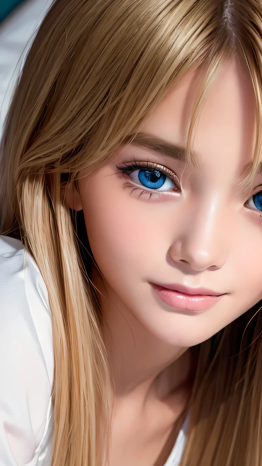 A very white and beautiful 16-year-old blonde girl、Mastepiece, Best Quality, Illustration, Ultra-detailed fine details, Super long straight silky hair、disheveled bangs above the eyes,、High resolution, 8K Denden Wallpaper, Perfect dynamic composition, Beautifully detailed large light blue eyes , of hotel(Bed), Sexy face,A face in ecstasy,Lying down