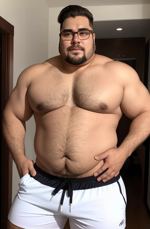 wearing prescription glasses, cabelo cortado no 1 na lateral. He gestures by making obscene gestures with his hands, (Cabelo loiro ou grisalho), rosto com pouca barba e pouco bico de, Rostos de diferentes nacionalidades, Young man aged 57, chubby, extremely thick thighs, large belly, wearing only white swim trunks, vermelho,vcinza ou preto ou branco ou vermelho. He doesn't wear clothes. . He's gesturing with his hands. He is sitting on the luxurious chair. He holds a cell phone in his hand. (((He wears a gold watch on his wrist. He wears several Nordic bracelets on his wrist.. He wears a Nordic chain around his neck or he wears a gold chain around his neck. wearing sunglasses. wearing hat, wearing cap. hand on groin, (hand over groin), (hands close to the groin area). scratching the groin )))