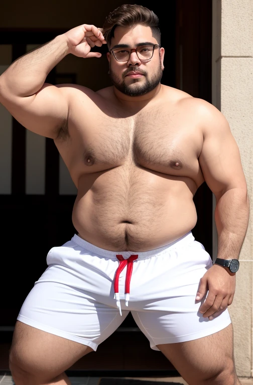 wearing prescription glasses, cabelo cortado no 1 na lateral. He gestures by making obscene gestures with his hands, (Cabelo loiro ou grisalho), rosto com pouca barba e pouco bico de, Rostos de diferentes nacionalidades, Young man aged 57, chubby, extremely thick thighs, large belly, wearing only white swim trunks, vermelho,vcinza ou preto ou branco ou vermelho. He doesn't wear clothes. . He's gesturing with his hands. He is sitting on the luxurious chair. He holds a cell phone in his hand. (((He wears a gold watch on his wrist. He wears several Nordic bracelets on his wrist.. He wears a Nordic chain around his neck or he wears a gold chain around his neck. wearing sunglasses. wearing hat, wearing cap. hand on groin, (hand over groin), (hands close to the groin area). scratching the groin )))