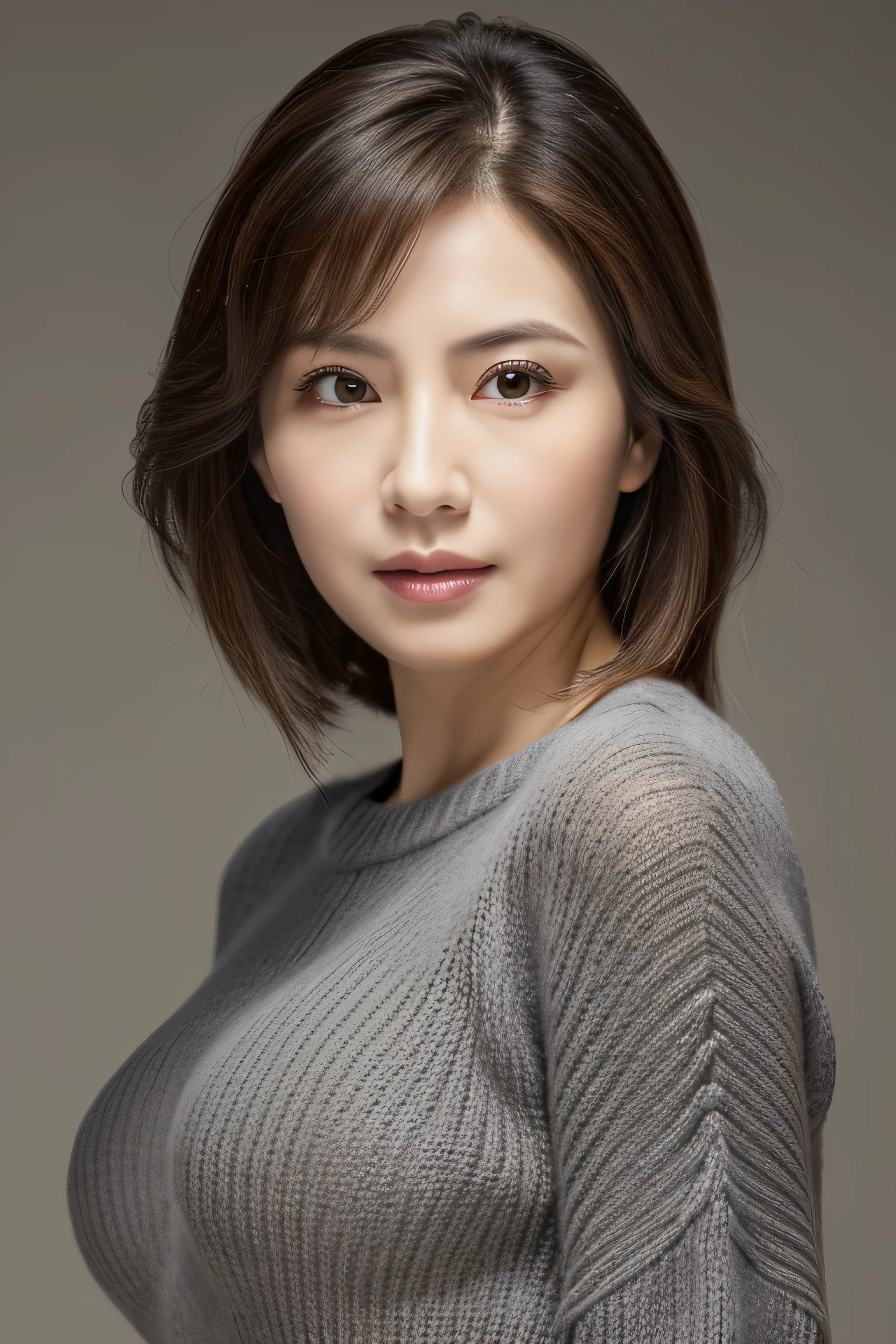 Ultra-high resolution, masterpiece, Irritated skin, Very detailed, Photorealistic, Professional Lighting, Written boundary depth, sharp, (Gray background), (Front view:1.2),(Japanese Mature, 38 year old women are sexy:1.0), Detailed face, Beautiful Eyes, bangs, Shapely large breasts, Light brown straight hair, Faint lips, (Catch Eye:1.3),((Stand in front、Look at the audience, Serious face eyes,)), (Lightweight sweater:1.0), Theta, Full body photo, Cowboy Shot,