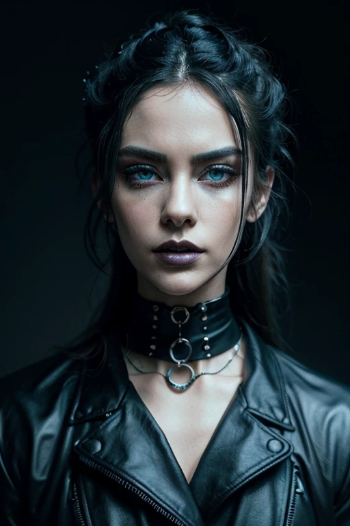 best quality,ultra-detailed,realistic,portrait,studio lighting,dark colors,sharp focus,intense gaze,dramatic shadows,latex outfit,high heels,dark lipstick,piercing eyes,choker necklace,confident posture,provocative attitude,edgy accessories,dominant aura,empowering presence,alluring beauty,bold expression,mysterious background,subtle smoke effects,high contrast,icy blue tones,fierce and powerful vibes