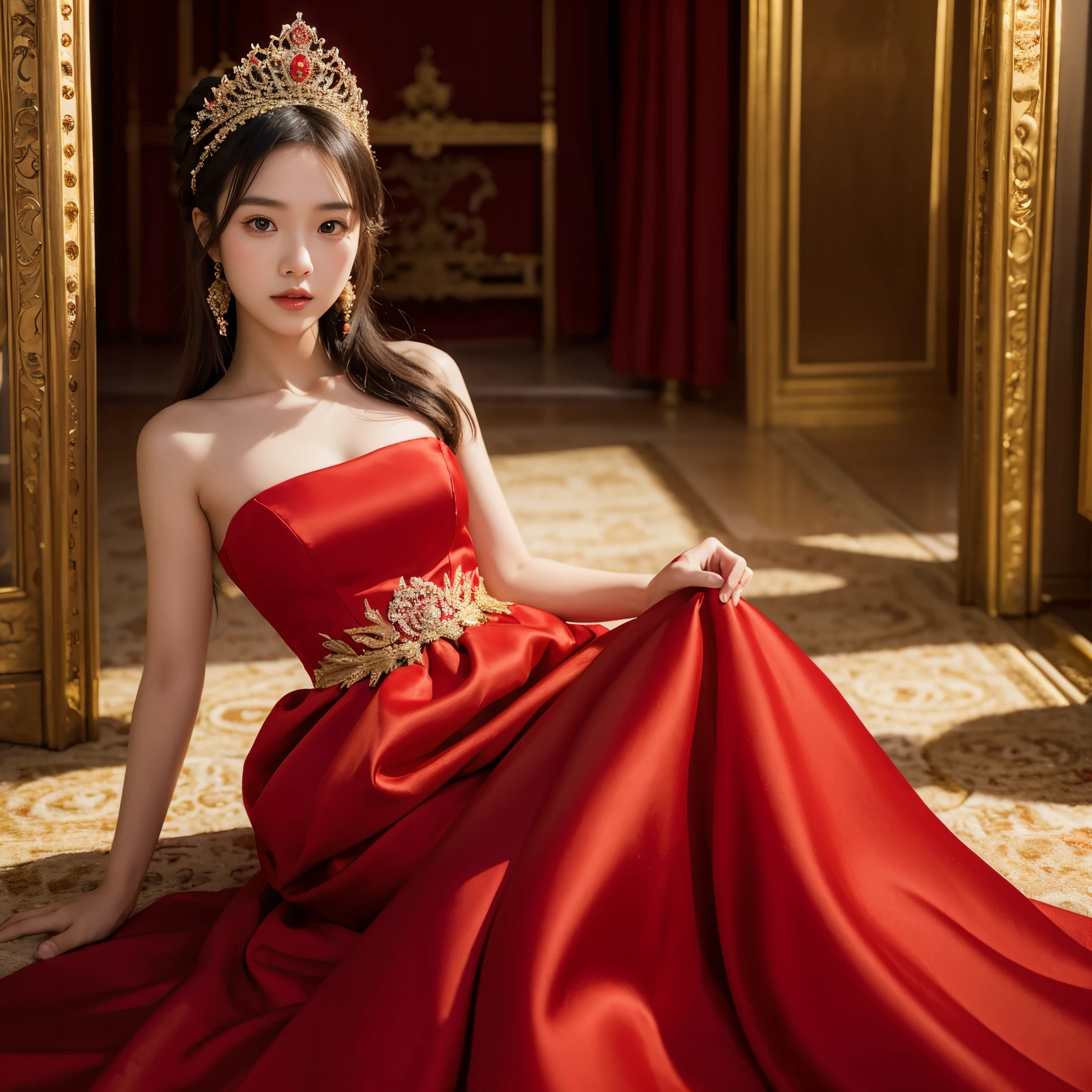 1girl, asian girl, princess dress, red dress with small gold details, in a palace, portrait