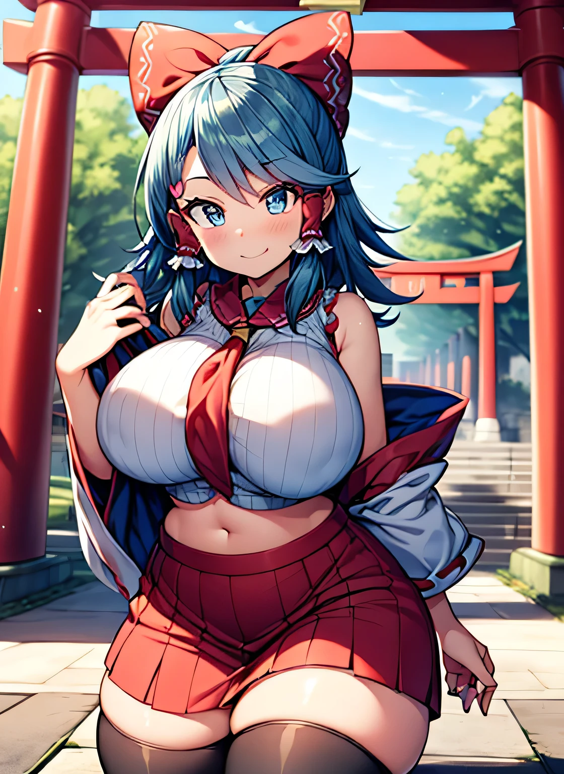 Anime illustration、highest quality、Reimu Hakurei、Perfect proportions、Large-scale shrine、Large Torii Gate、overwhelmingly big breasts、very thick thighs、Beautiful, shining eyes、Cowboy Shot、smile、Noise Reduction