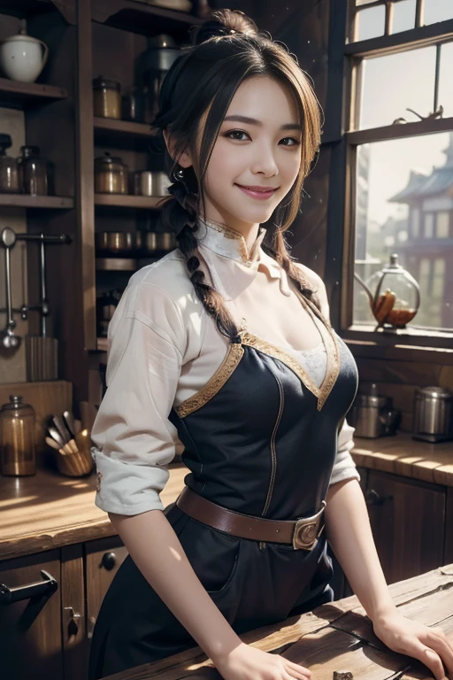(fantasy:1.5),(anime,8k,masterpiece, top quality, best quality,beautiful and aesthetic:1.2,professional illustrasion:1.1,ultra detail:1.3,perfect lighting),extremely detailed,highest detailed,incredibly absurdres , highres, ultra detailed,intricate:1.6,(Alchemy Workshop:1.4),A girl mixing,Medicine in many small bottles,holding small potion,colorful:1.4,zentangle,(1girl),(girl),(Three kingdoms female warload),(highly detailed beautiful face and eyes,firm breasts),oily skin,((black,hair,short bob with short pony tail hair)),thin pubic hair,cute,lovely,34 years old,alchemist costume,Merchant's Clothing,smile,in the kitchen,smile,seductive weak smiling,(with sparkling eyes and a contagious smile),open mouth, Looking at Viewer,