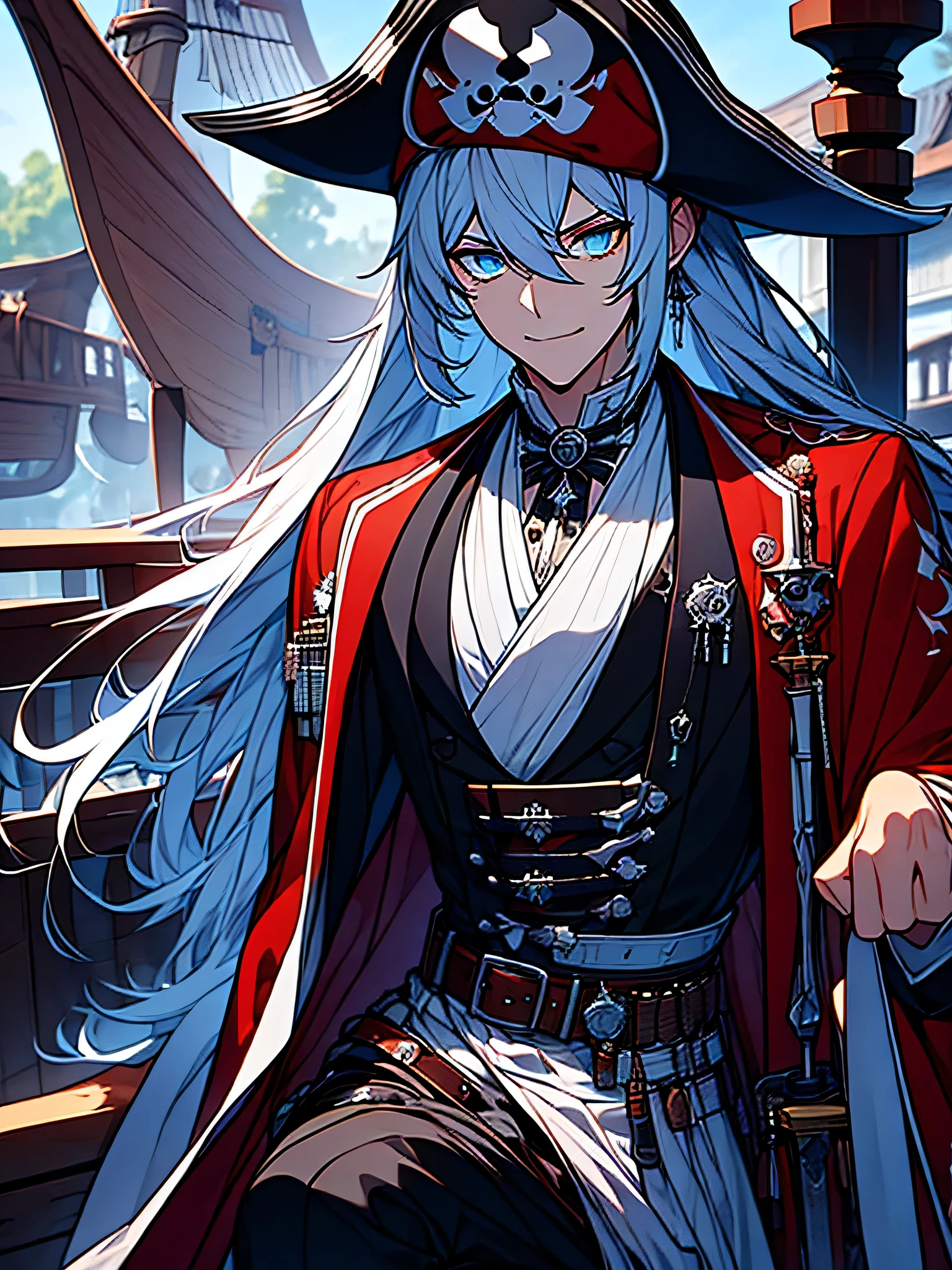 create anime style image
of a young man, with messy white hair, monochromatic eyes, one blue eye and one red, athletic body, wearing a pirate outfit, with a black coat with red details, a black pirate hat with a white feather, white pants, black leather boots, with a revolver on his waist, a pirate sword in his left hand, in the background, a dark wooden ship, worn black sails and macabre cannons
