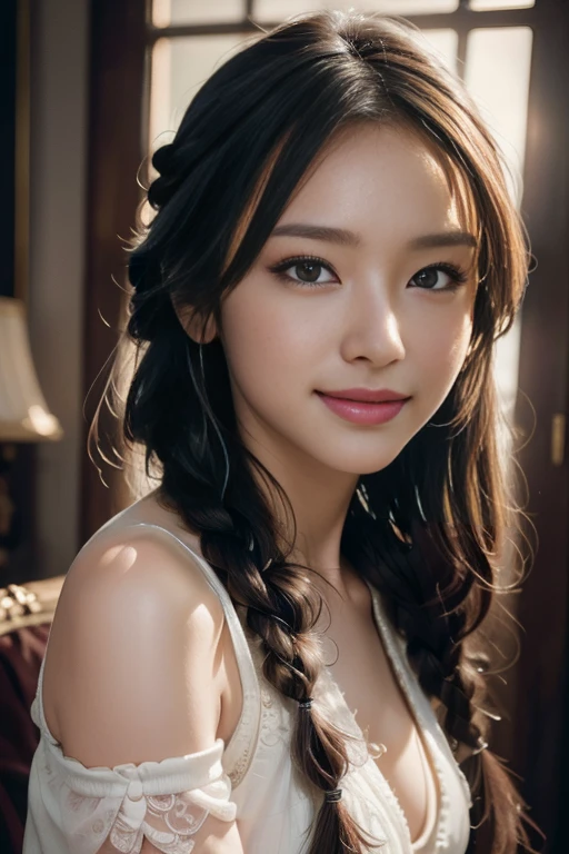 (Masterpiece: 1.2), Best Quality, (Illustration: 1.2), Eye Focus, (Ultra Detailed), Ultra Detail, (Fine Detail), (Intricate Detail), (Cinematic Light, Best Quality Backlight), Clear Lines, Solo Female, Solo Female, Perfect Figure, (1 Girl), High Contrast, (Best Lighting, Extremely Delicate and Beautiful), ((Cinematic Light)), Powerful, Absolutely Striking, Dynamic Angle, Gorgeous Background, cute Teeth, Open Mouth, mischievous smile, close-up, depth of field, close-up of a long-haired character. A cute tongue sticks out of the mouth, long hair, big breasts, short sleeves, dress, bare shoulders, braids, porcelain clothes