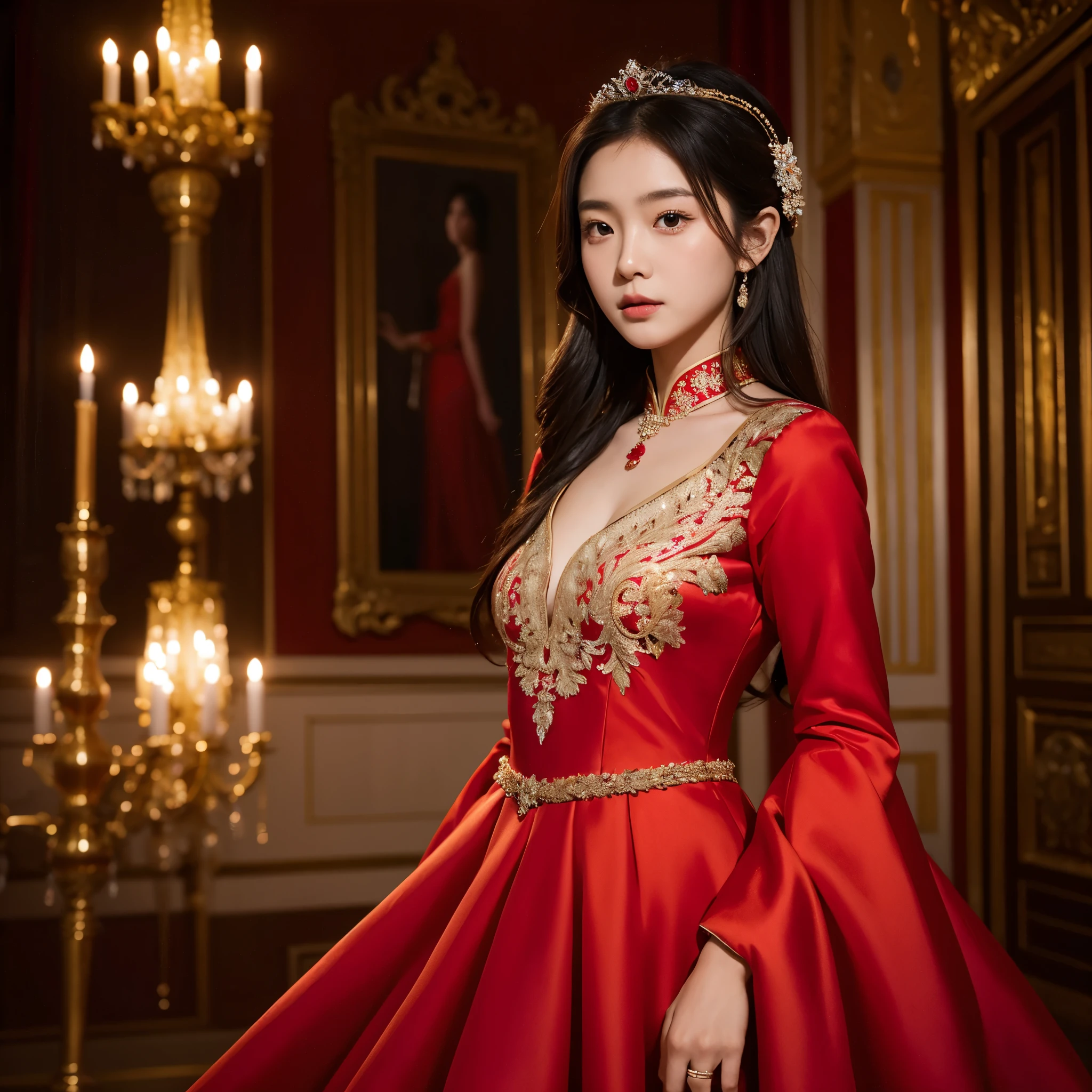 1girl, asian girl, princess dress, red dress with small gold details, in a palace, portrait