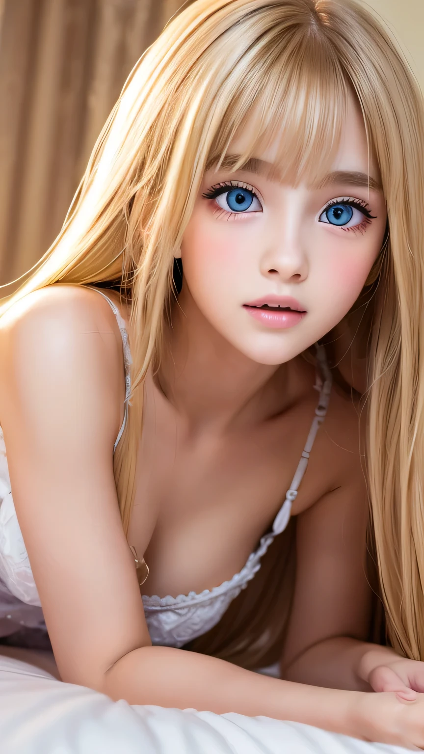 A very white and beautiful blonde girl、Mastepiece, Best Quality, Illustration, Ultra-detailed fine details, Natural platinum blonde with a natural shine、Super long straight silky hair、disheveled bangs above the eyes,、High resolution, 8K Denden Wallpaper, Perfect dynamic composition, Beautifully detailed large light blue eyes , Very big eyes、of hotel(Bed), Sexy face,Ae in ecstasy,Lying dll Face Girl、Round face