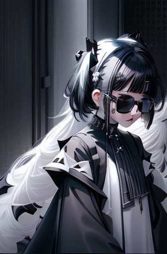 1girl, short black hair, pigtails, white hair bows, black sunglasses, long black dress, sleeves past wrists, black stockings, black eyes, pale skin, hands on hips, graveyard background, spiky black heels,