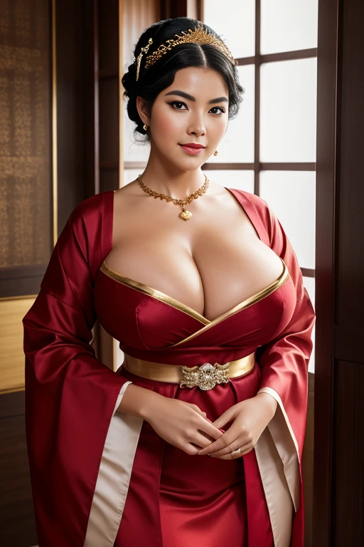 GEISHA ,CHUBBY, BBW, photo vintage, visage feminin parfait, BLACKHAIR , tache de rousseur, 1788, big  : 68H,FRONT VIEW, Rembrandt LIGHT , EXTREME LONG V-NECK, BIG CLEAVAGE, BEAUTIFUL EYES, BEAUTIFUL HANDS, LIGHT SMILES, PERFECT FACE, tres long décolleté , NECKLACE, RING, JEWELERY RICH, SFW, FULL BODY, COLORFUL,  ROYAL LINGERIE, ENORMOUS , AROUSED, DETAILLED FACE, PERFECT BODY, RED GOLD COSTUME, WHITE MAKE-UP