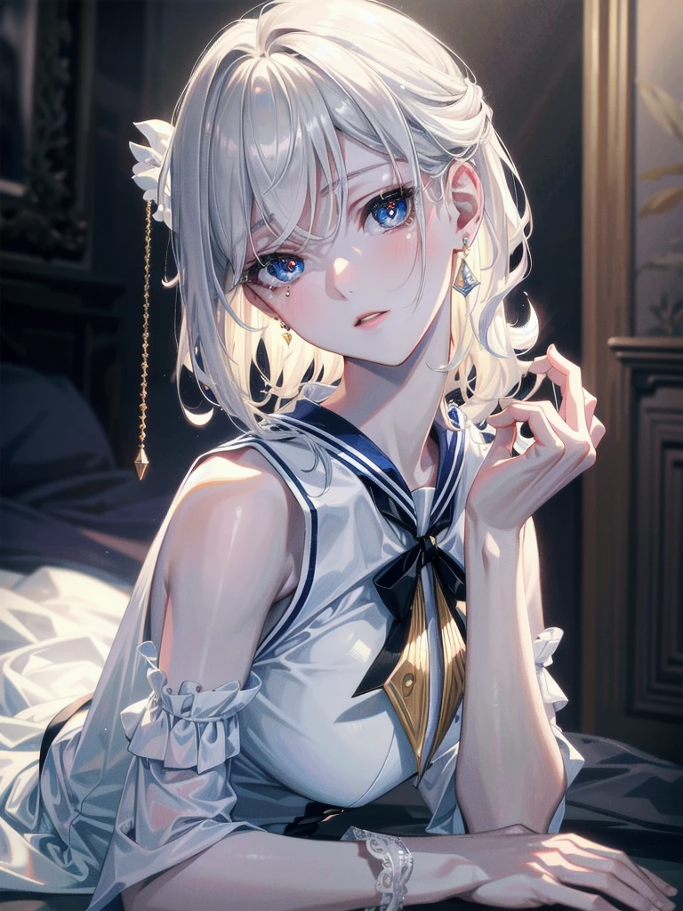 absurdres, RAW photo, extremely delicate and beautiful, masterpiece, Best Quality, ultra high resolution, 32k, hyperrealistic, ultra-detailed, detailed description, pale skin, 20 years old, delicate facial features, detailed beautiful face and eyes, tearful mole, earring, Colossal tits, short medium hair, wavy hair, full body shot, sailor uniform,