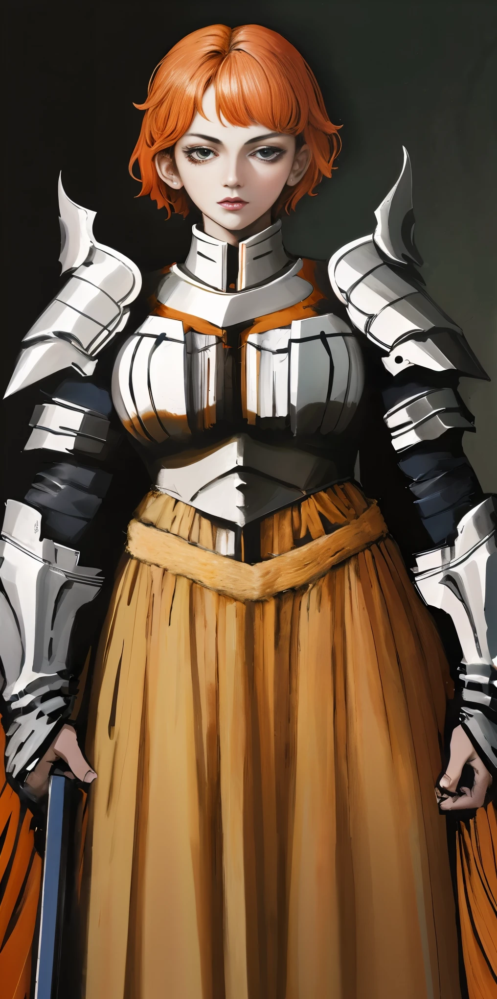 funger, very detailed illustration, 1girl, big breasts, high res high quality, masterpiece, looking at viewer, (knight), orange hair, absurdness, ultra-detailed, short hair