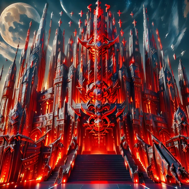 ((best quality)), ((masterpiece)), (detailed), Palacess, 3D render, cyberpunked palace skycraper fortress,holy swords themed decourations, aggressive  design, blue and red colors, black night sky, futuristic  city, 8k uhd, ultra realistic, ultra detailed, ((photorealistic, masterpiece)), (giant holy sword  in  top  of  it)