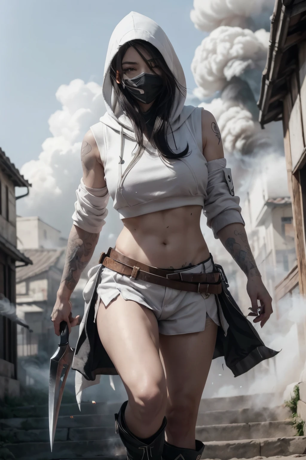 (Best quality,4K,8K,A high resolution,tmasterpiece:1.2),Smoke background, Akali, 1个Giant Breast Girl, long_the sleeve,White hood,White shorts,,Tattooed with , Permanent, full_body, arma,sickle,daggers,,White boots, Leucorrhoea,White mask,Outdoor activities,buildings