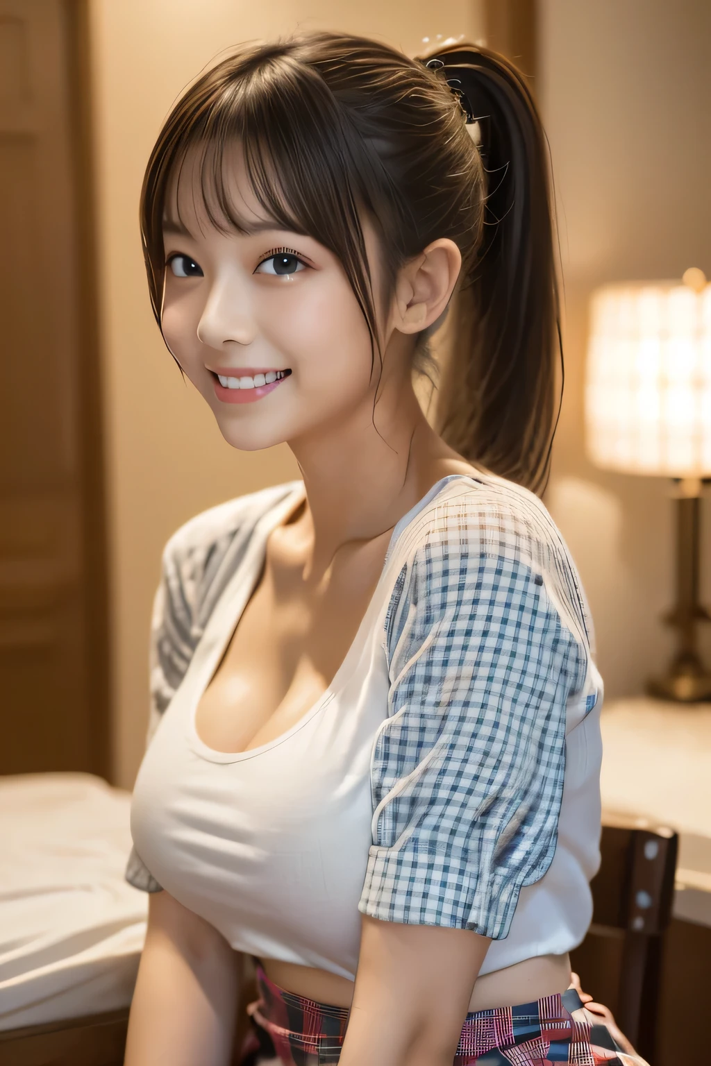 (masterpiece,highest quality,超A high resolution),Japanese women, (((Very cute 12 year old girl))), View the photographer, Front view, ((ponytail)), Super cute face, Glossy lips, Double eyelids on both eyes, Focus your eyes, Natural Makeup, bangs, Shiny and smooth light brown hair, (((Upper body close-up))), Large Breasts, Perfect limbs, Perfect Anatomy, (((Checkered mini skirt:1.4))), ((Smile)), Night room, (White T-shirt:1.3), ((Include the whole face and focus on the chest:1.2)), ((Cleavage)), View your viewers, (Strike a cute pose:1.4), Perfect and natural fingers,