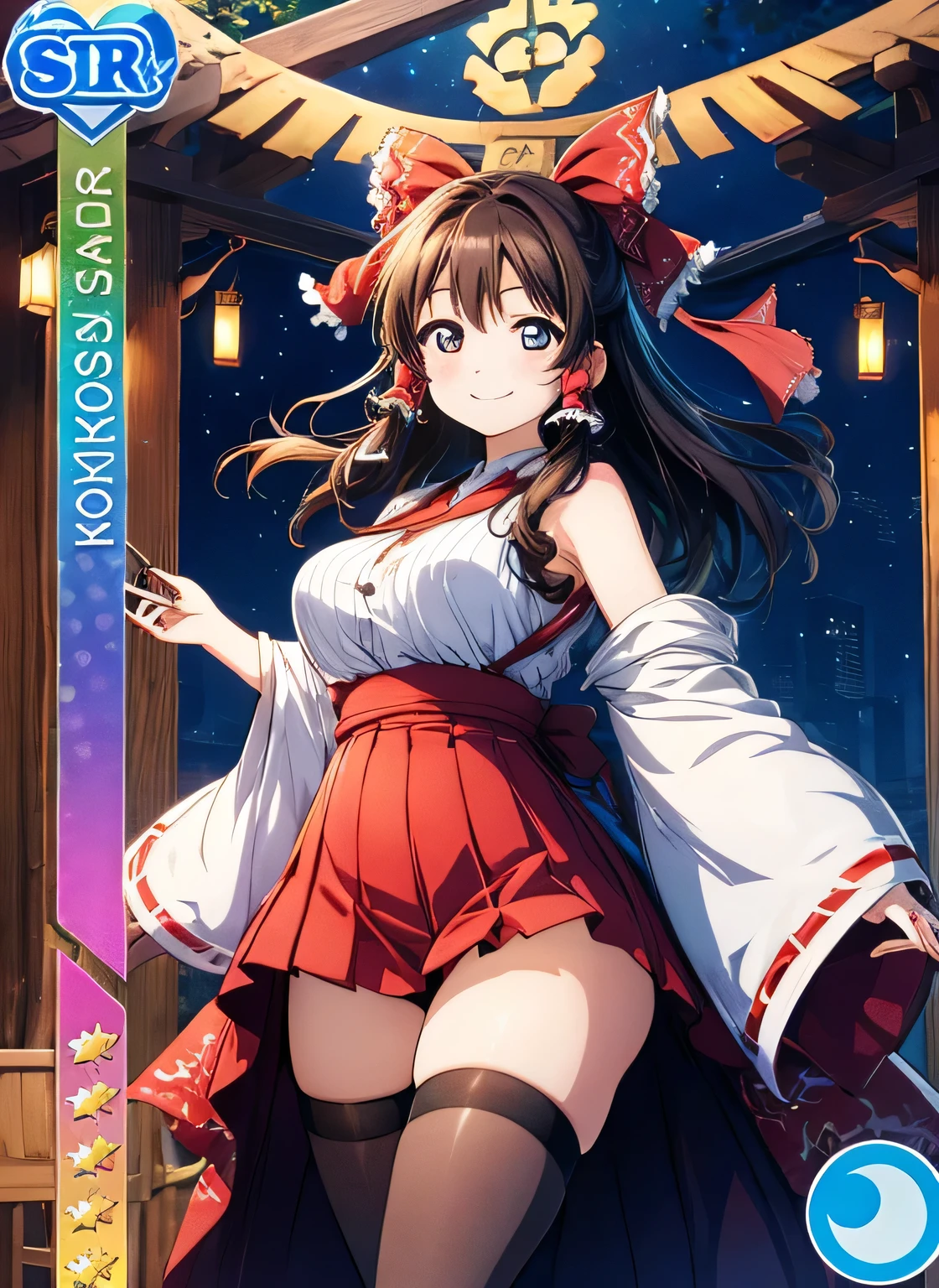 Anime illustration、highest quality、Reimu Hakurei、Perfect proportions、Large-scale shrine、Large Torii Gate、overwhelmingly big breasts、very thick thighs、Beautiful, shining eyes、Cowboy Shot、smile、Noise Reduction