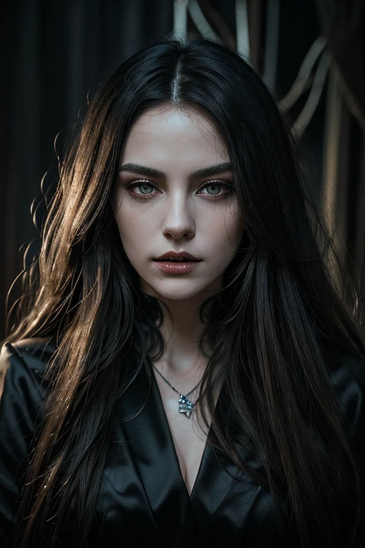 Create the image of a handsome vampire, That just woke up from a deep sleep, The other is a noble and elegant girl, Beautiful alluring colorless eyes, A vampire with a refined and elegant appearance, They have a lot of time, Loose hair and angular features，Their skin should be pale and flawless, With a touch of potus That transcendental beauty, A vampire's eyes should be deep and seductive, With a predatory glow, An allusion to their insatiable bloodlust, (They have to wear erotic clothes, That modern and timeless), Her style refers to the long history of human life, When they wake up from a deep sleep, Vampires Should Exercise Calm Confidence, Exudes an aura of danger and intrigue, The background should be shrouded in shadow, Just a hint of moonlight broke through the darkness, In the hands of vampires, There should be a small vial of blood, Based on their latest victims, Vampires should be content and a little worried about their hunger, How would that they know about the danger, That, What is presented to others, gothic art style, Ultra-realistic realism, Psychedelic surrealist art, Surreal psychedelic design, Dreaming style,  psychedelic art, Quality Quantity, skin texture, intricate details, (cinemathatgraphic lighting), 8K，