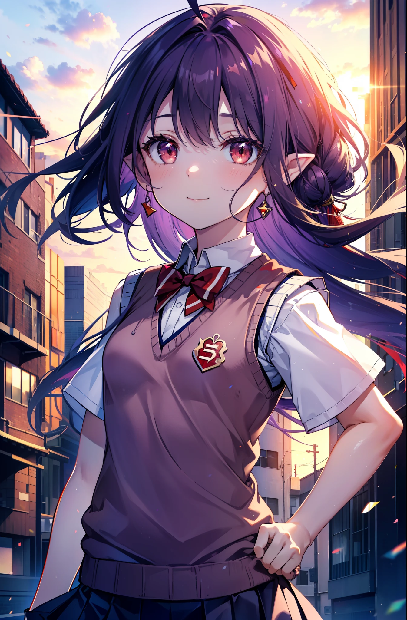 yuukikonno, Yuki Konno, hair band, Long Hair, Pointy Ears, Purple Hair, (Red eyes:1.5), (Small breasts:1.2), smile,White Y-shirt,Sweater vest, (紫色 Sweater vest:1.5),,Short sleeve,Purple pleated skirt,black tights,Brown Loafers,Toast in the mouth, running, City Street,morning,morning日,sunrise,A girl running,
break looking at viewer, Upper Body, whole body,
break outdoors, Residential area crowd, people々々,
break (masterpiece:1.2), highest quality, High resolution, unity 8k wallpaper, (shape:0.8), (Fine and beautiful eyes:1.6), Highly detailed face, Perfect lighting, Highly detailed CG, (Perfect hands, Perfect Anatomy),