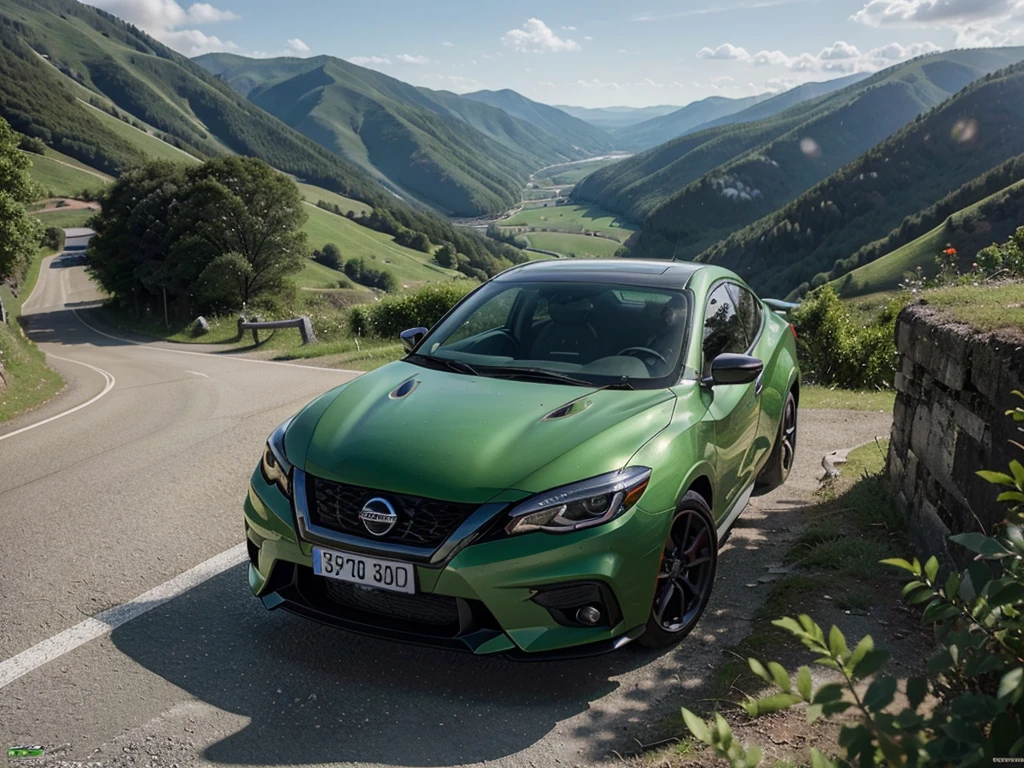 garota peituda beautiful woman and spoRts caR、超A high Resolution、An ultRa-high pictuRe quality、8k、WondeRful expRession with attention to detail、eaRly summeR valley、beautiful fResh gReen、A bRight Red spoRts caR paRked on a mountain pass.Nissan PulsaR GTS－R　spoRts 5 dooR coupe