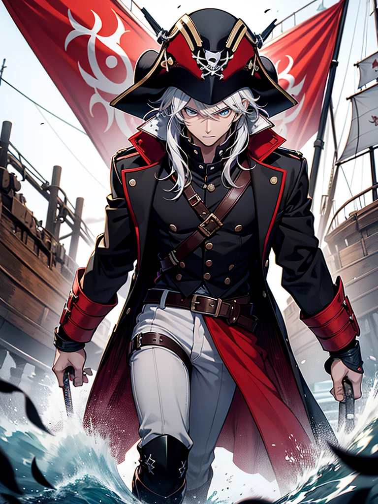 create anime style image
of a young man, with messy white hair, monochromatic eyes, one blue eye and one red, athletic body, wearing a pirate outfit, with a black coat with red details, a black pirate hat with a white feather, white pants, black leather boots, with a revolver on his waist, a pirate sword in his left hand, in the background, a dark wooden ship, worn black sails and macabre cannons