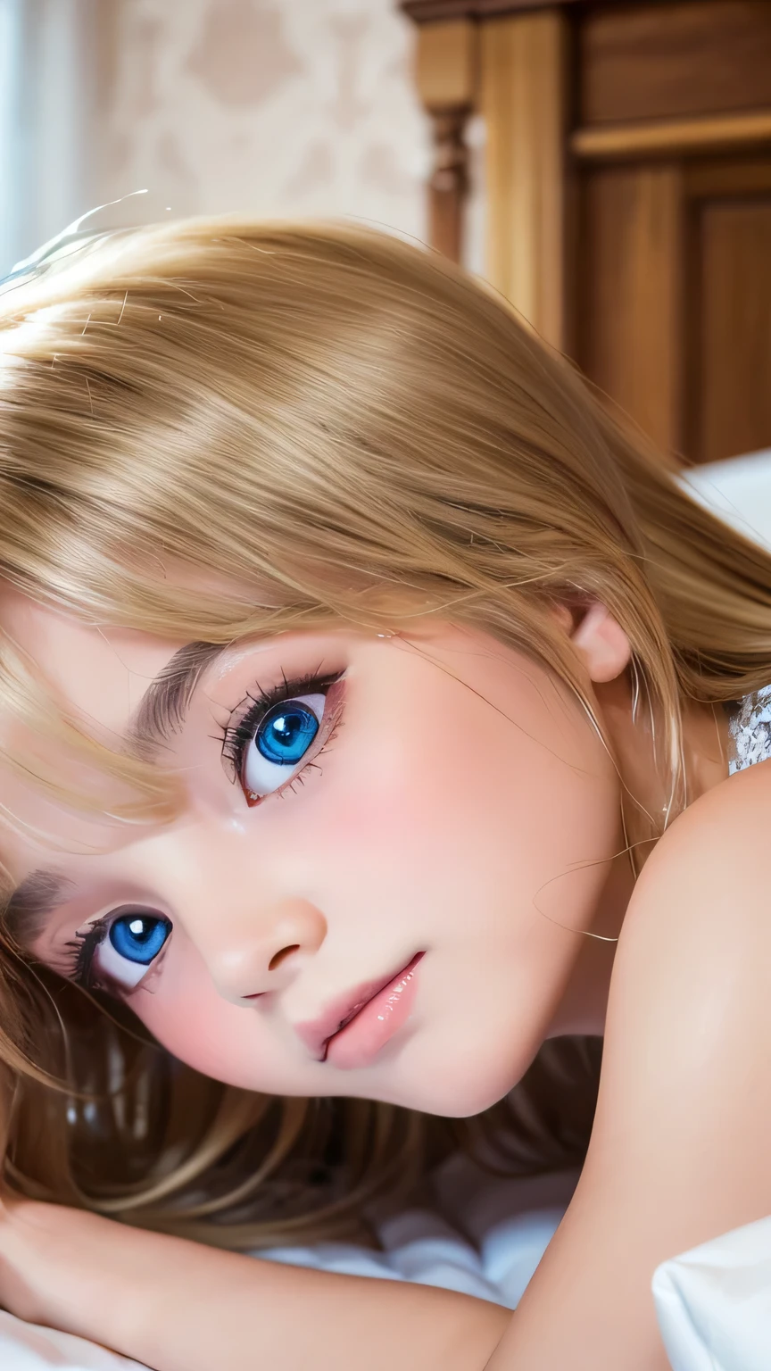 A very white and beautiful 16-year-old blonde girl、Mastepiece, Best Quality, Illustration, Ultra-detailed fine details, Natural platinum blonde with a natural shine、Super long straight silky hair、disheveled bangs above the eyes,、High resolution, 8K Denden Wallpaper, Perfect dynamic composition, Beautifully detailed large light blue eyes , Very big eyes、of hotel(Bed), face,A face in ecstasy,Lying down、Small Face Girl、Round face、Lying down、Lying on your back